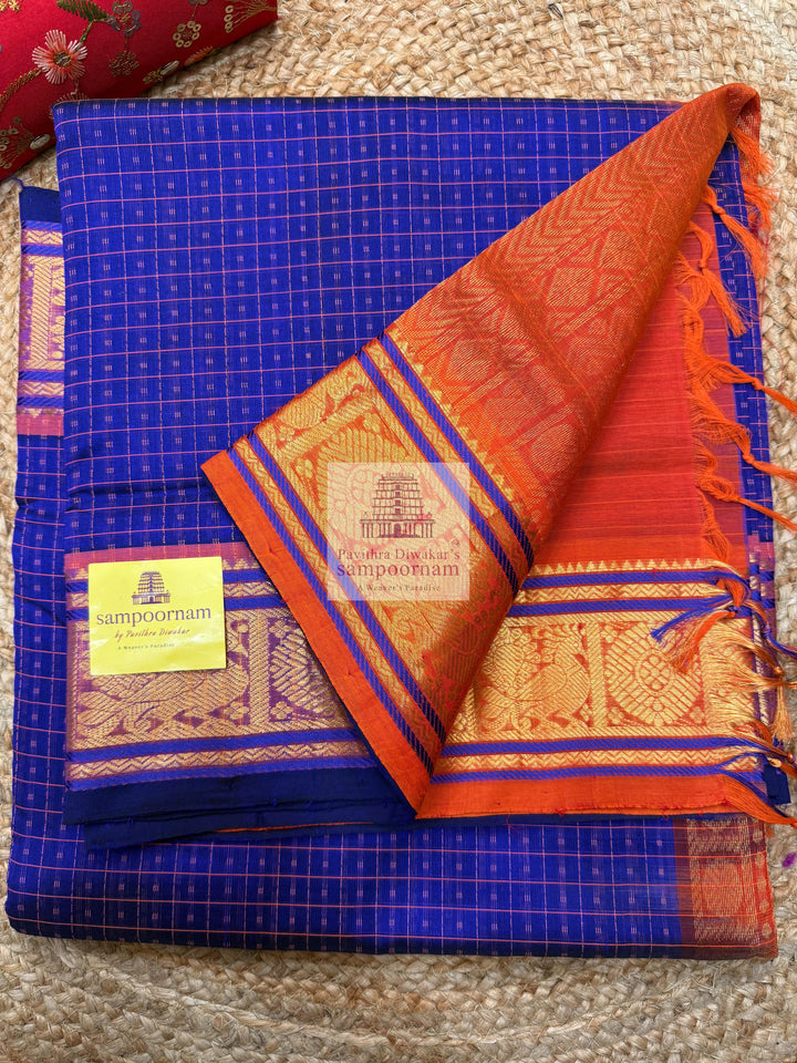 Blue with Orange, , Lakshadeepam butta in the body , traditional borders and rich Pallu Lakshadeepam Silk Cotton Saree