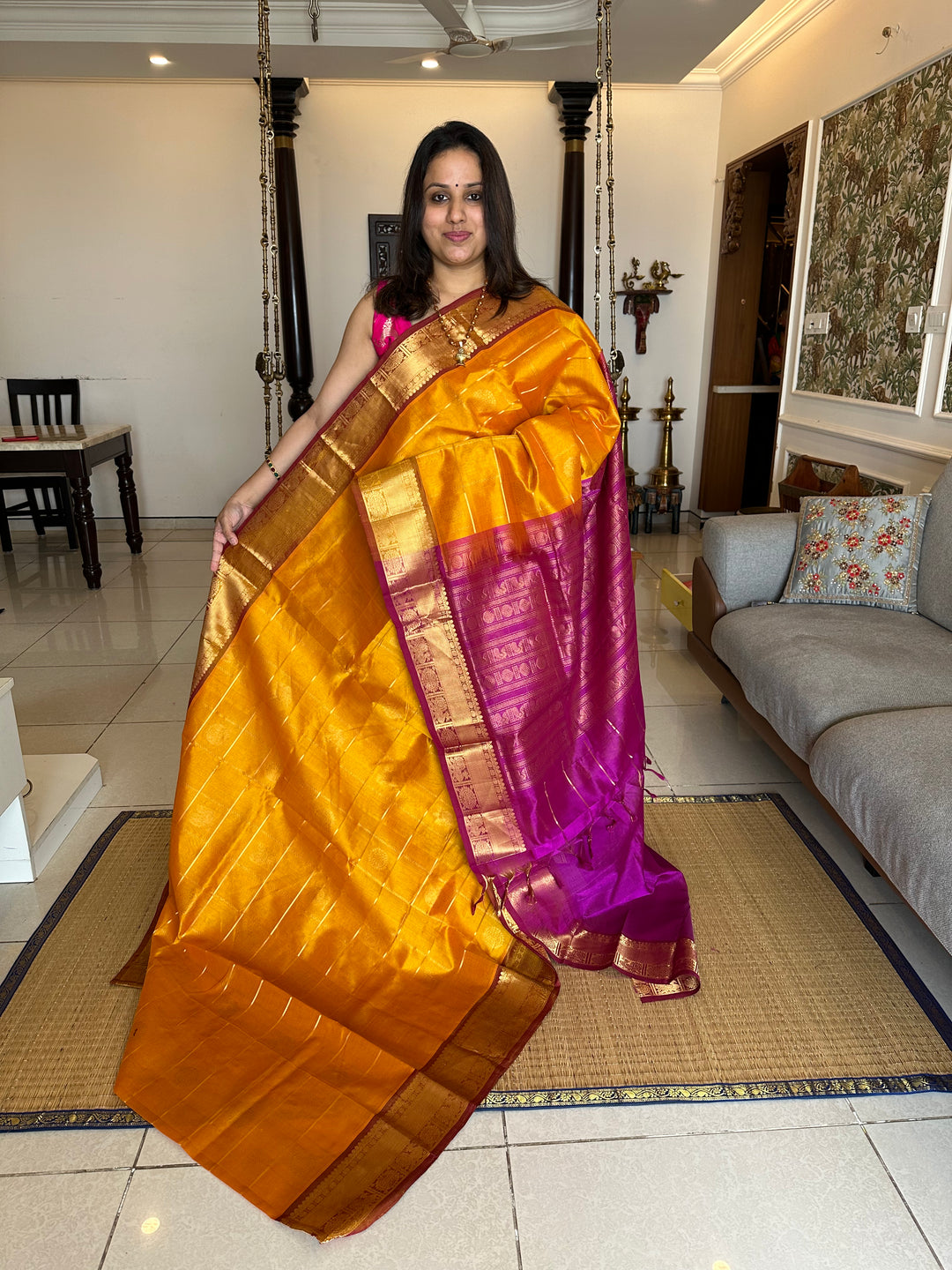 Manjal with Purple Mayil Chakram Silk Cotton Saree