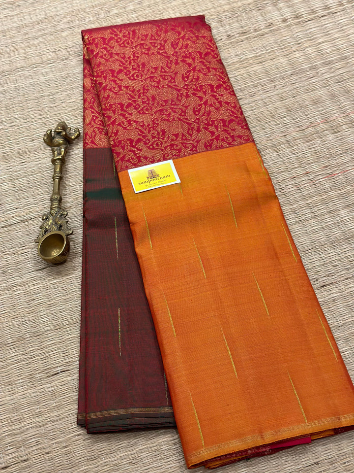 Mubbagam Vanasingaram Red, Manthulir and Manjal  Pure Silk And Pure Zari Handwoven Pure Silk Saree