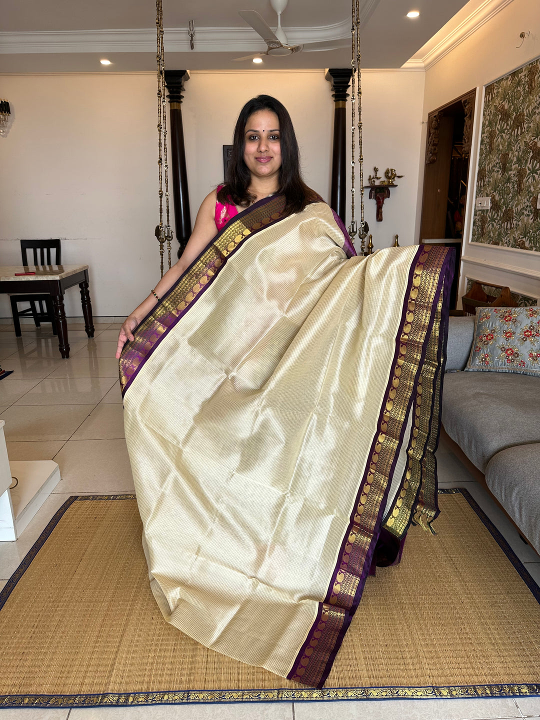 Offwhite with Purple Body Podi Kattam, Rich Pallu Korvai Silk Cotton Saree