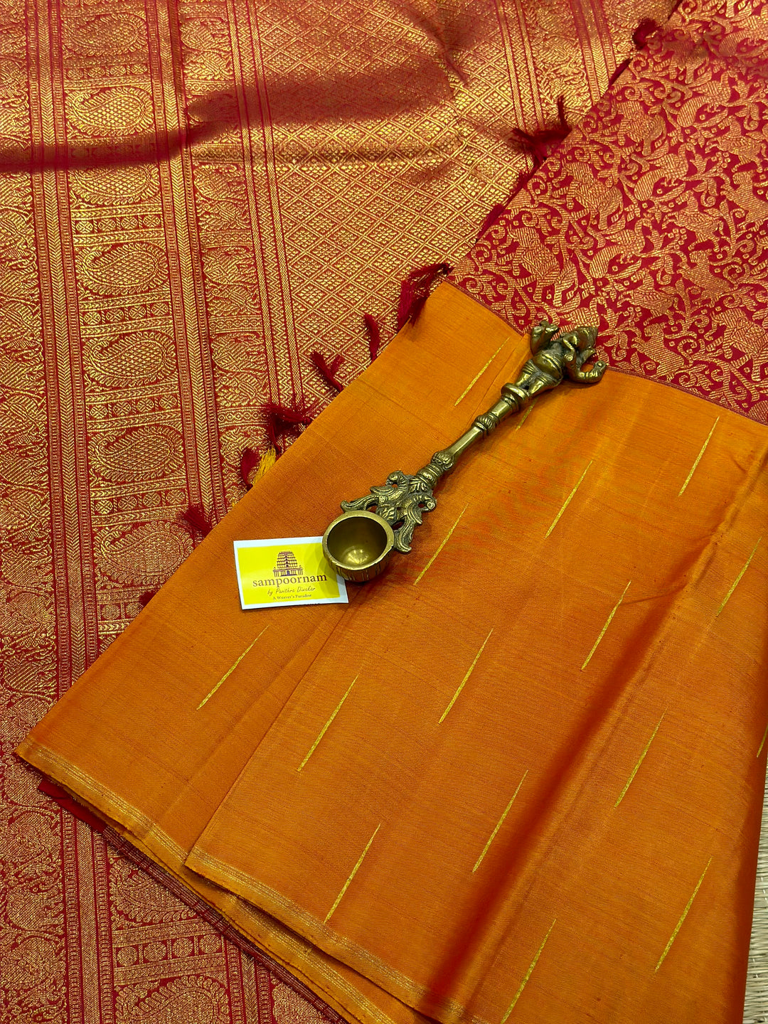 Mubbagam Vanasingaram Red, Manthulir and Manjal  Pure Silk And Pure Zari Handwoven Pure Silk Saree