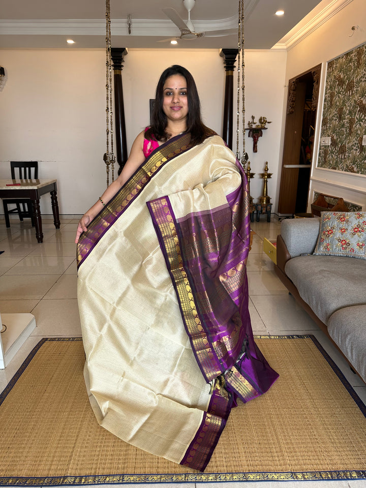 Offwhite with Purple Body Podi Kattam, Rich Pallu Korvai Silk Cotton Saree