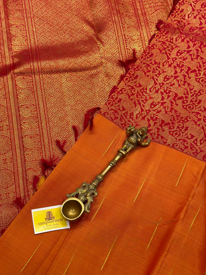 Mubbagam Vanasingaram Red, Manthulir and Manjal  Pure Silk And Pure Zari Handwoven Pure Silk Saree