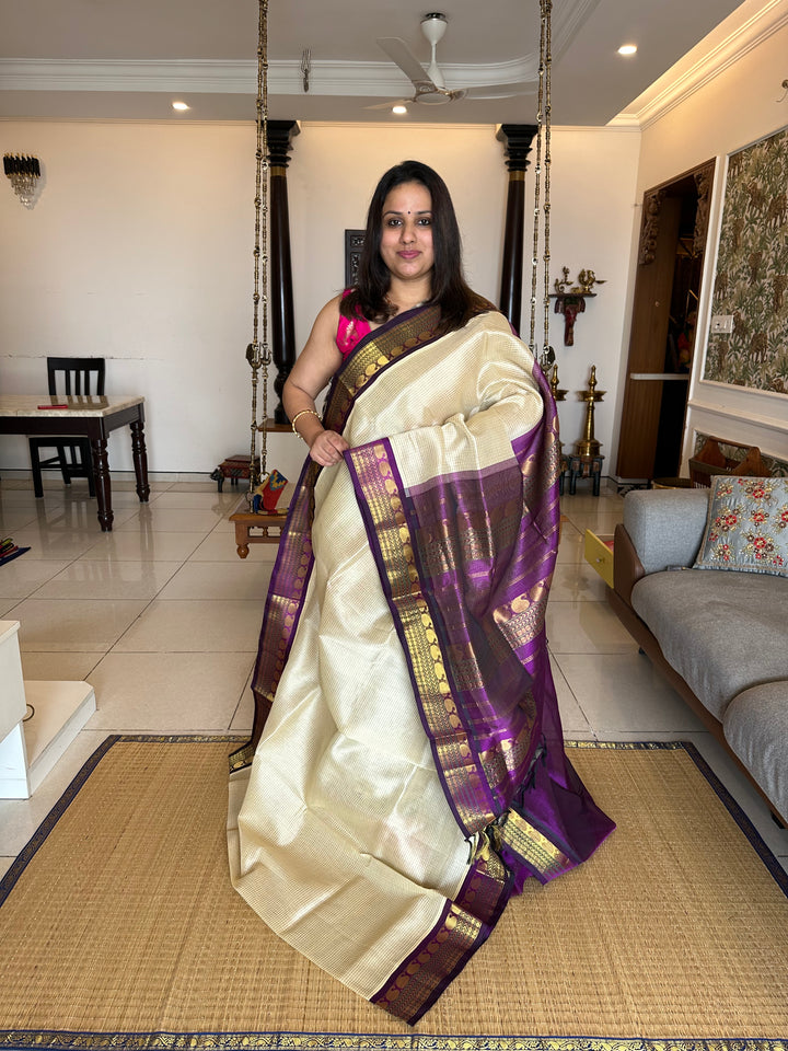 Offwhite with Purple Body Podi Kattam, Rich Pallu Korvai Silk Cotton Saree