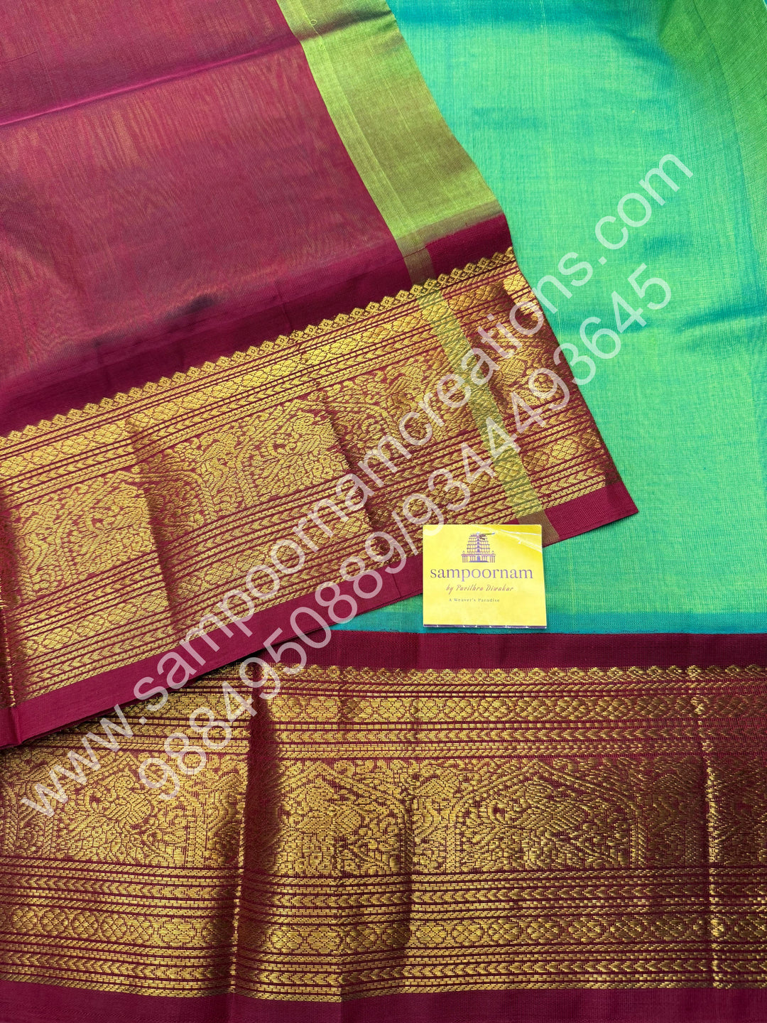 Dark Rexona Green with Red, Traditional One Side Big Kanchi Border, Rich Pallu, Pure Korvai Silk Cotton Saree