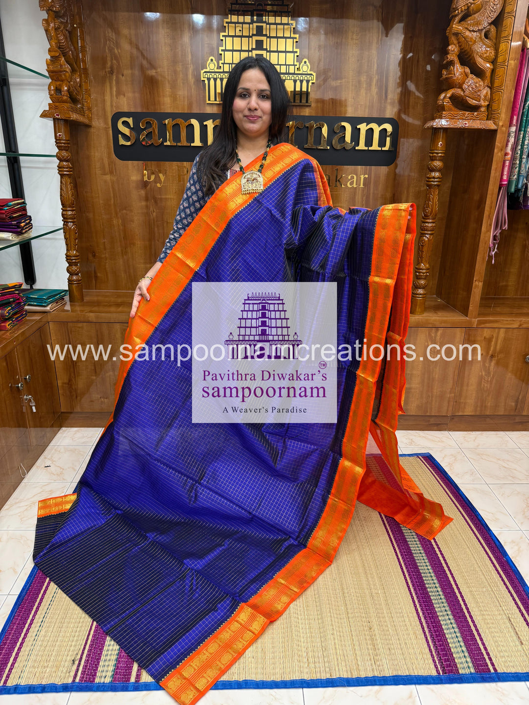 Blue with Orange , Zari Kattam in the body , rettapet border and rich  Pallu Korvai Silk Cotton Saree