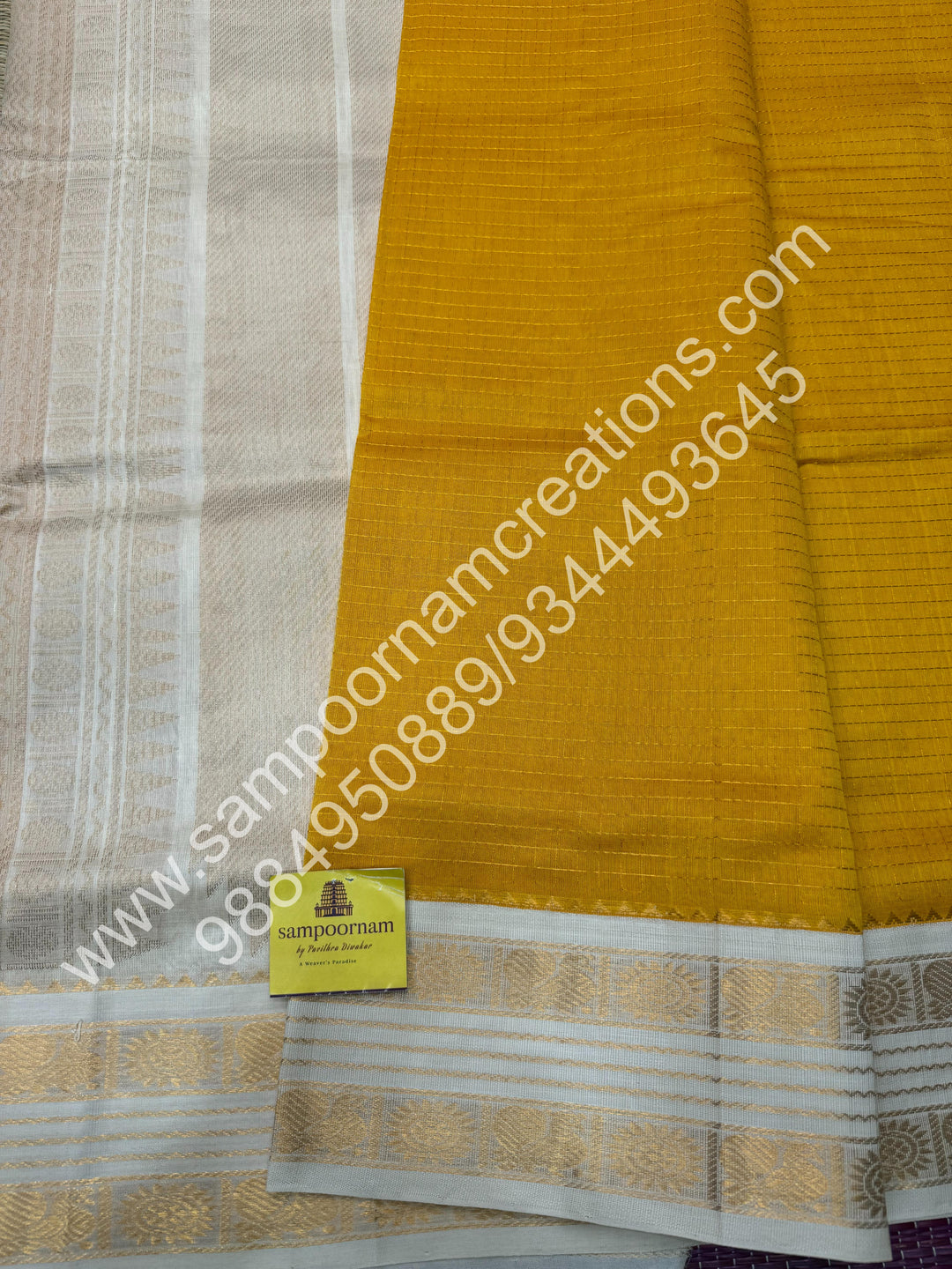 Yellow with Offwhite , Rich Zari Checks in the body and Rettapet Border , Grand Pallu Pure Korvai Silk Cotton Saree
