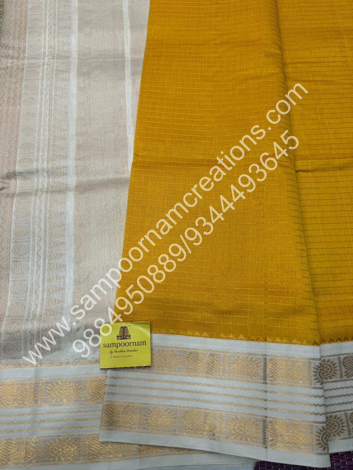 Yellow with Offwhite , Rich Zari Checks in the body and Rettapet Border , Grand Pallu Pure Korvai Silk Cotton Saree