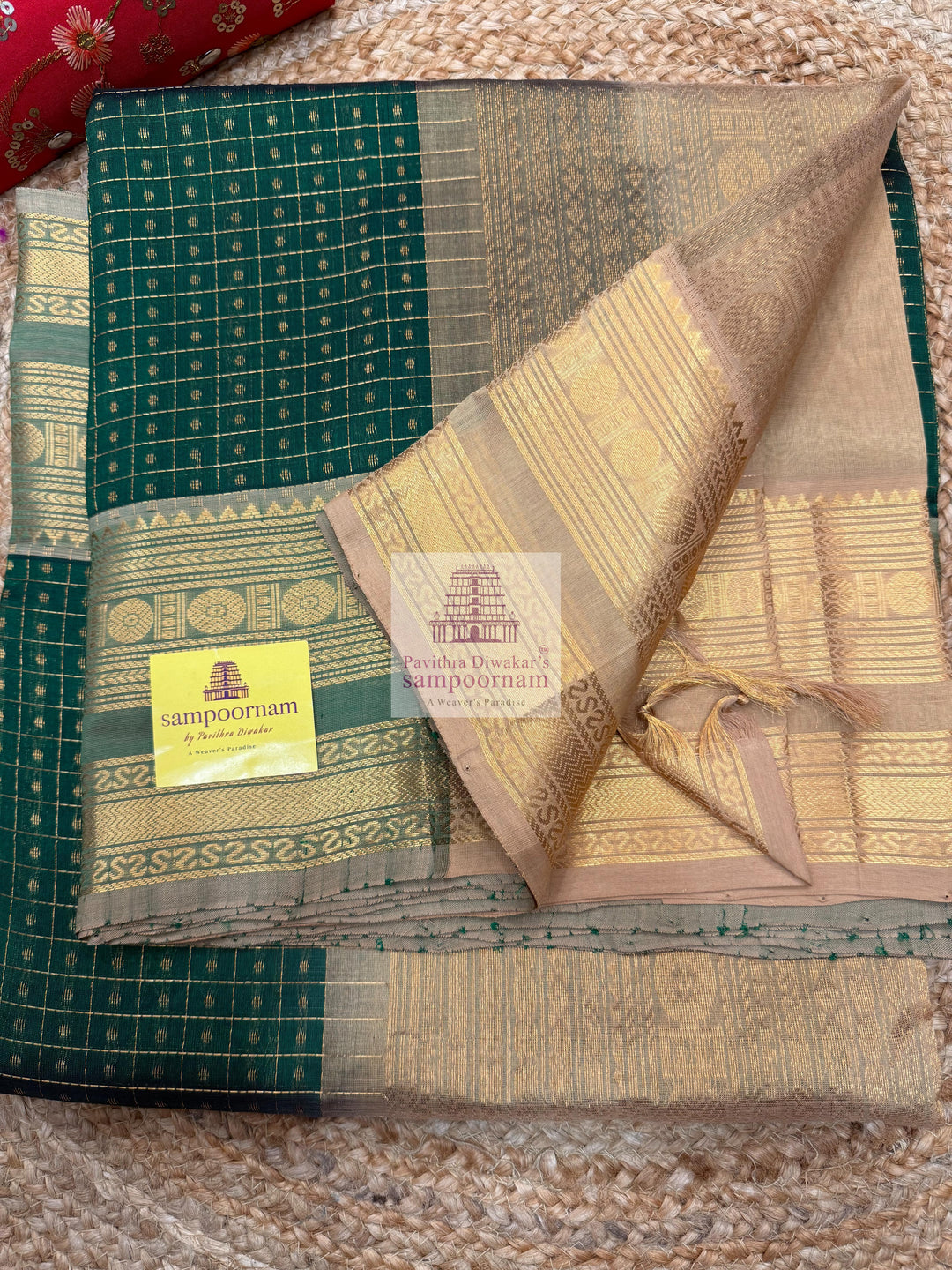 Dark Green with Beige , Zari Lakshadeepam Silk Cotton Saree