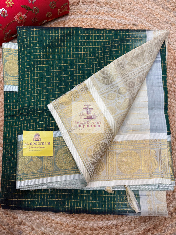 Dark Green with Off White , Zari Lakshadeepam Silk Cotton Saree