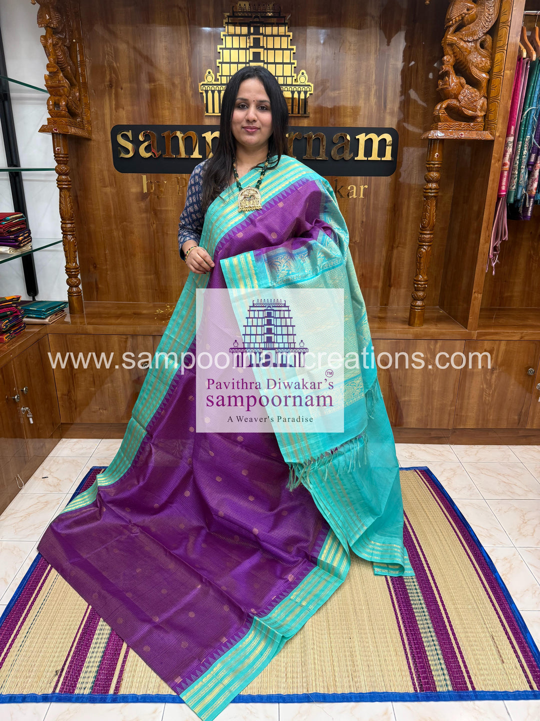 Purple with Turquoise Blue , rich zari Podi Kattam with butta in the body , temple traditional borders and rich  Pallu Korvai Silk Cotton Sare