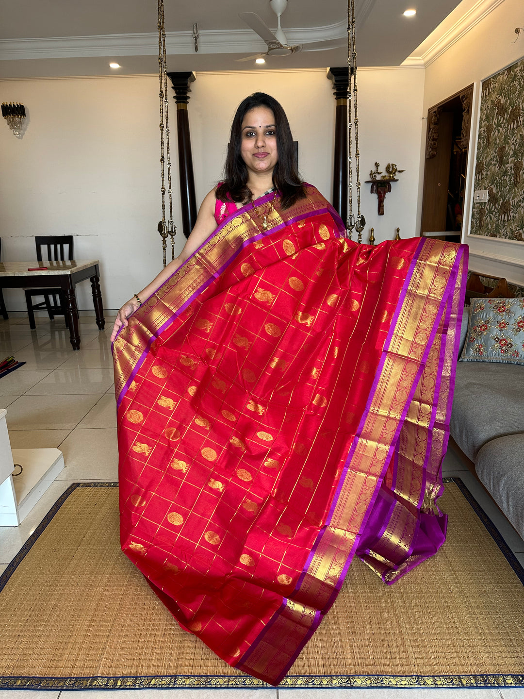 Red with Purple Mayil Chakram Silk Cotton Saree