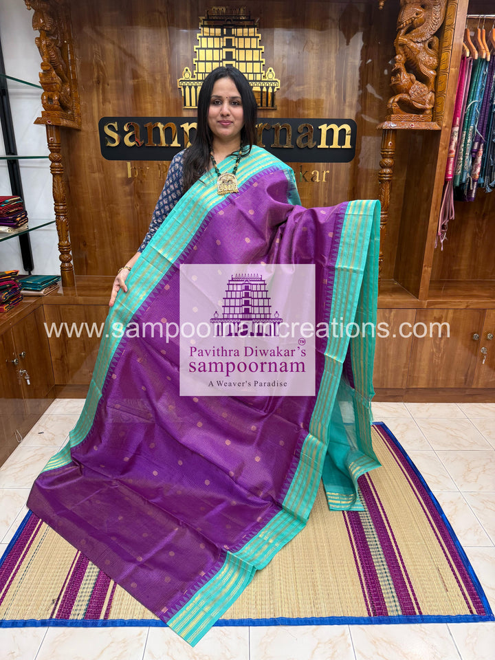 Purple with Turquoise Blue , rich zari Podi Kattam with butta in the body , temple traditional borders and rich  Pallu Korvai Silk Cotton Sare