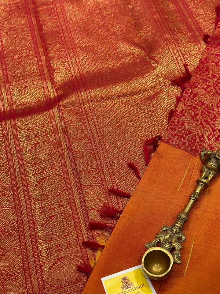 Mubbagam Vanasingaram Red, Manthulir and Manjal  Pure Silk And Pure Zari Handwoven Pure Silk Saree