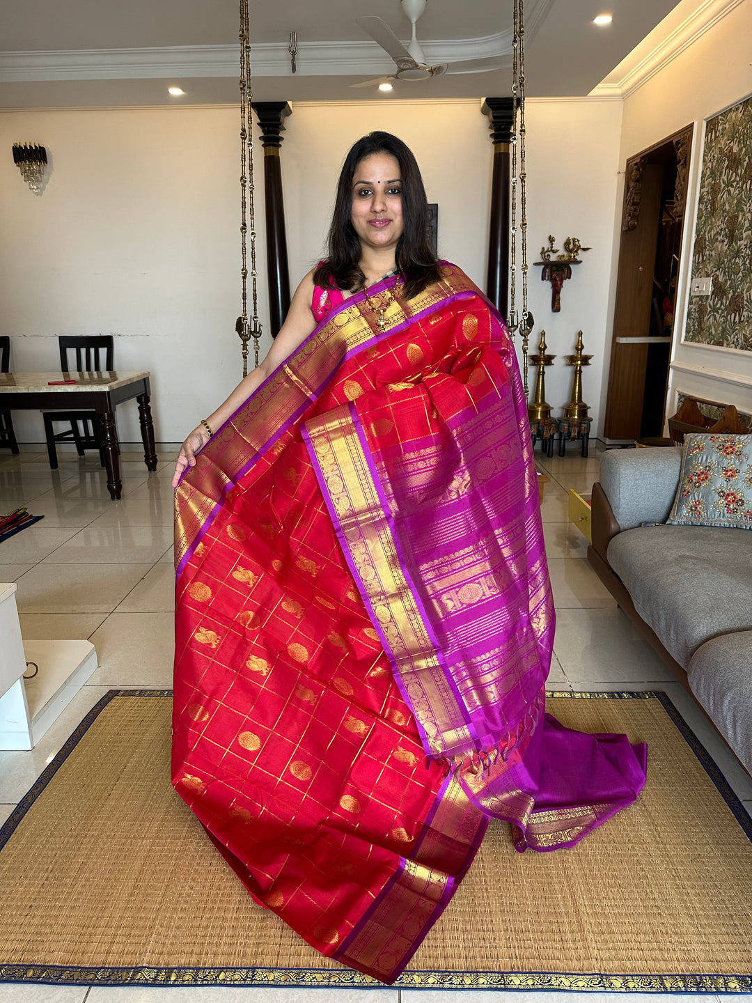 Red with Purple Mayil Chakram Silk Cotton Saree