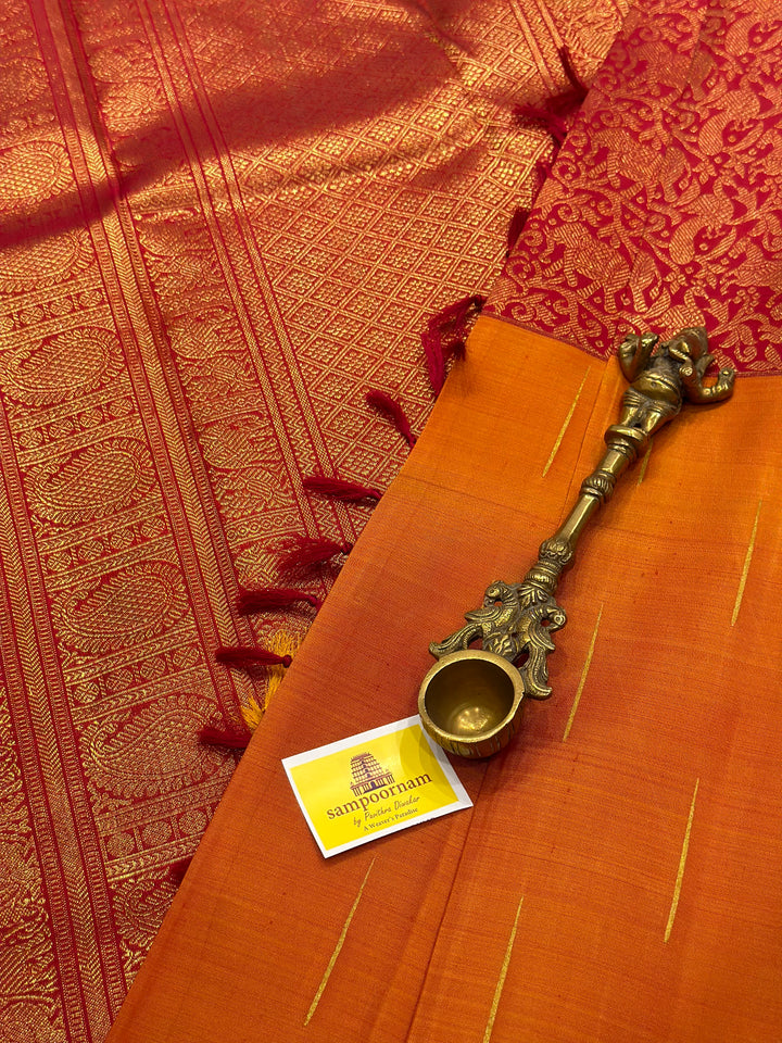 Mubbagam Vanasingaram Red, Manthulir and Manjal  Pure Silk And Pure Zari Handwoven Pure Silk Saree