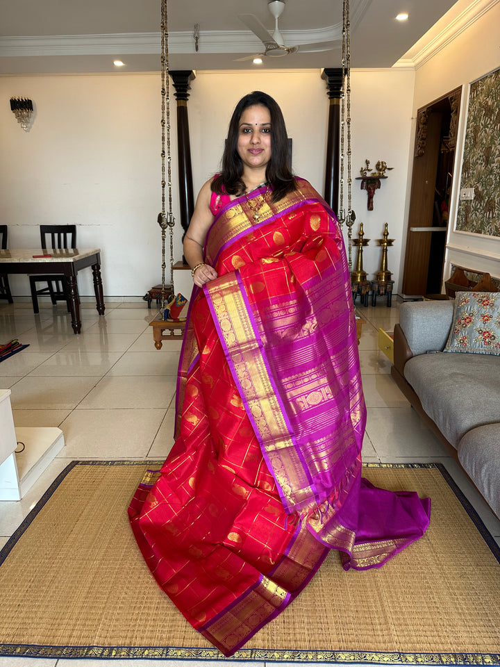 Red with Purple Mayil Chakram Silk Cotton Saree