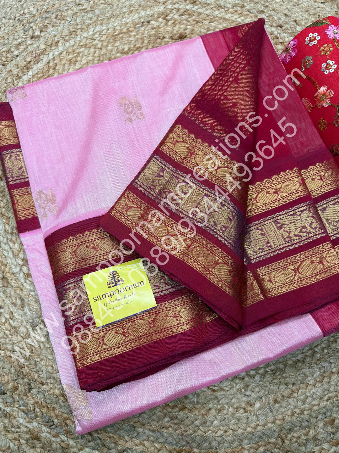 Onion Pink with Red, Triple Traditional Kanchi Border, Rich Pallu, Pure Korvai Silk Cotton Saree