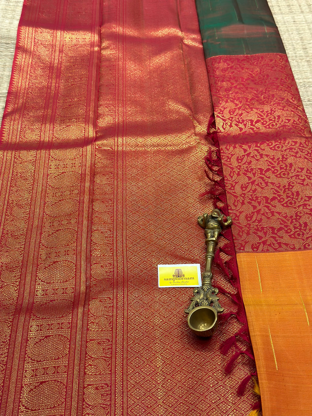 Mubbagam Vanasingaram Red, Manthulir and Manjal  Pure Silk And Pure Zari Handwoven Pure Silk Saree