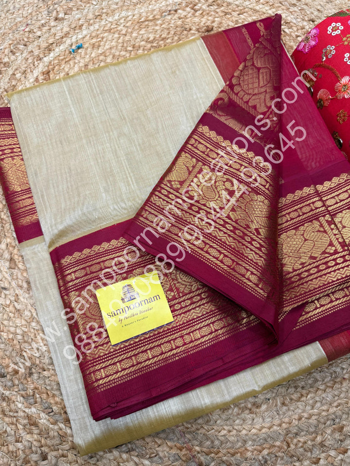 Light Gold with Red, Big Kanchi Border, Rich Pallu, Pure Korvai Silk Cotton Saree