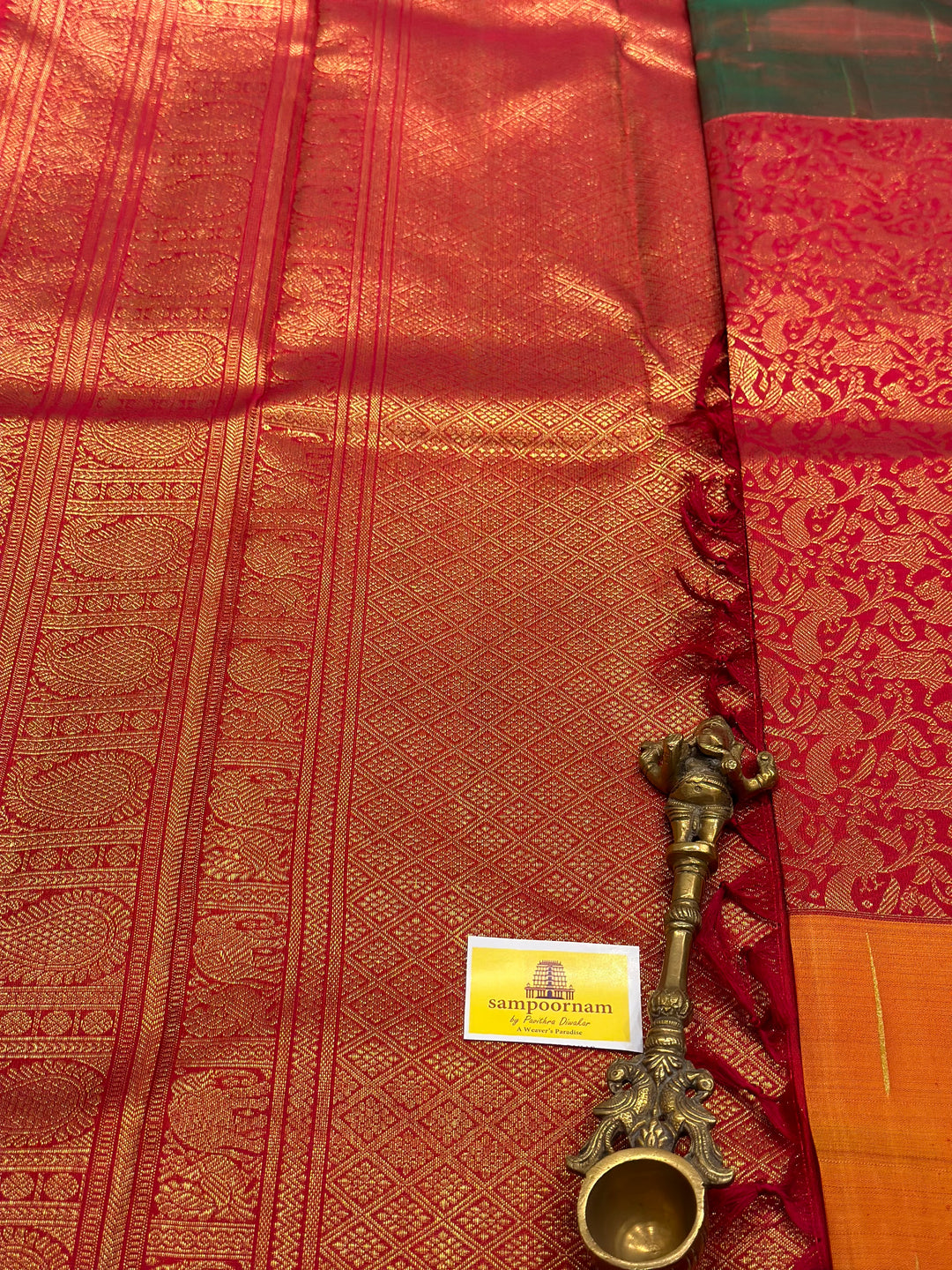 Mubbagam Vanasingaram Red, Manthulir and Manjal  Pure Silk And Pure Zari Handwoven Pure Silk Saree