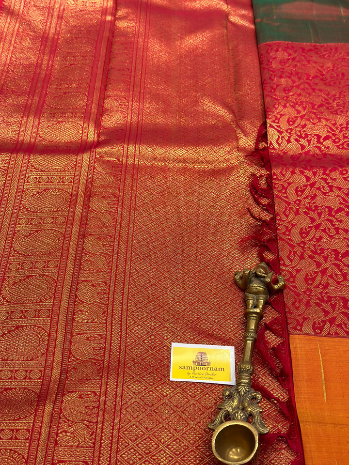 Mubbagam Vanasingaram Red, Manthulir and Manjal  Pure Silk And Pure Zari Handwoven Pure Silk Saree