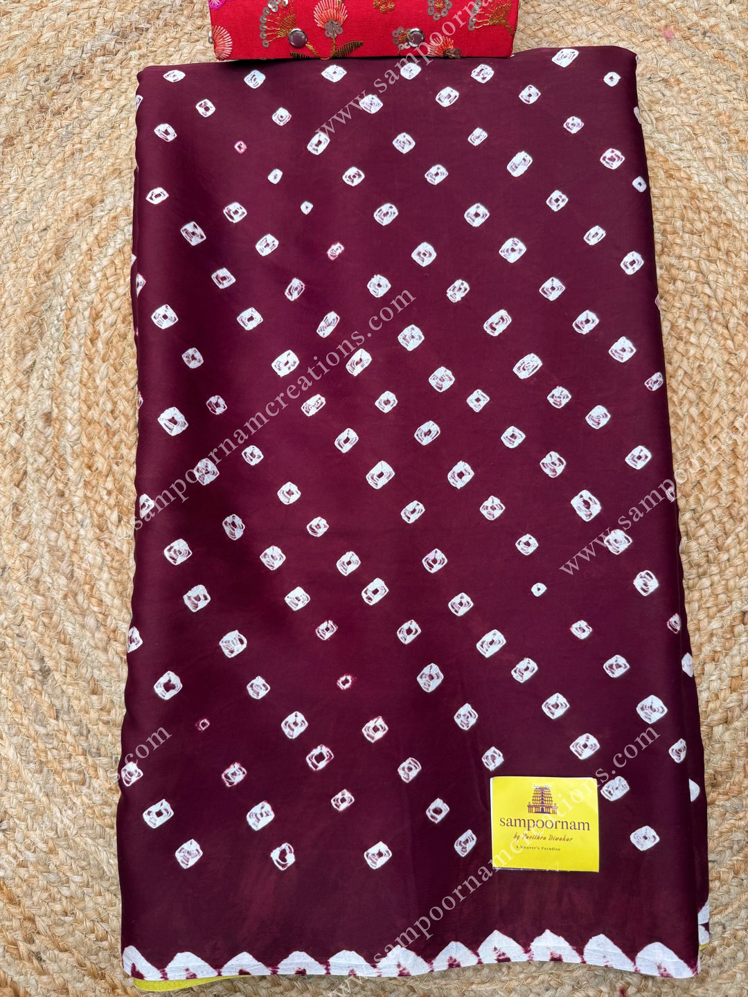 Maroon with  Lemon Yellow , Bandhini Prints in the body and Kalamkari Prints in the Pallu , Printed Blouse , Pure Modal Silk Saree