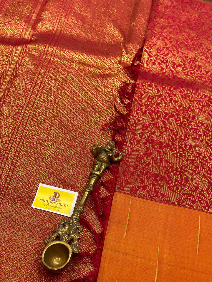 Mubbagam Vanasingaram Red, Manthulir and Manjal  Pure Silk And Pure Zari Handwoven Pure Silk Saree