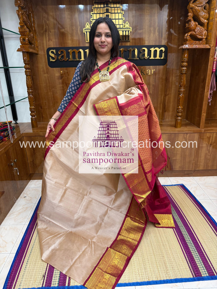 Beige with Dark Red , rich Kanchi one side big border with grand  Pallu Korvai Silk Cotton Saree
