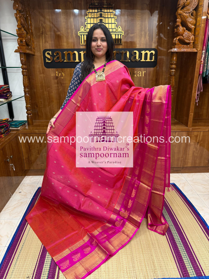 Dark Pink with Pink Zari Podi Kattam in the body , one side big Satin border with Annam motif , traditional border and rich Pallu Korvai Silk Cotton Saree