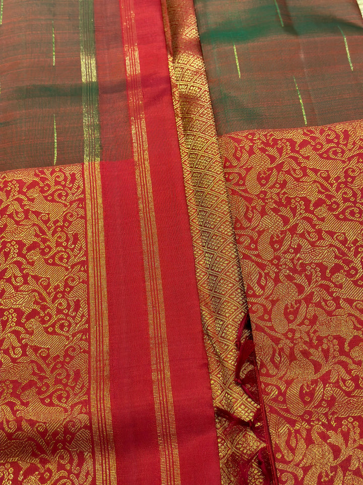 Mubbagam Vanasingaram Red, Manthulir and Manjal  Pure Silk And Pure Zari Handwoven Pure Silk Saree