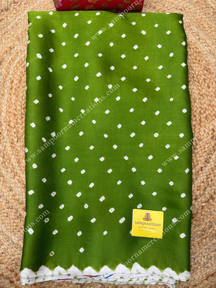 Green with Maroon  , Bandhini Prints in the body with beautiful Kalamkari Prints in the Pallu , Printed Blouse , Pure Modal Silk Saree