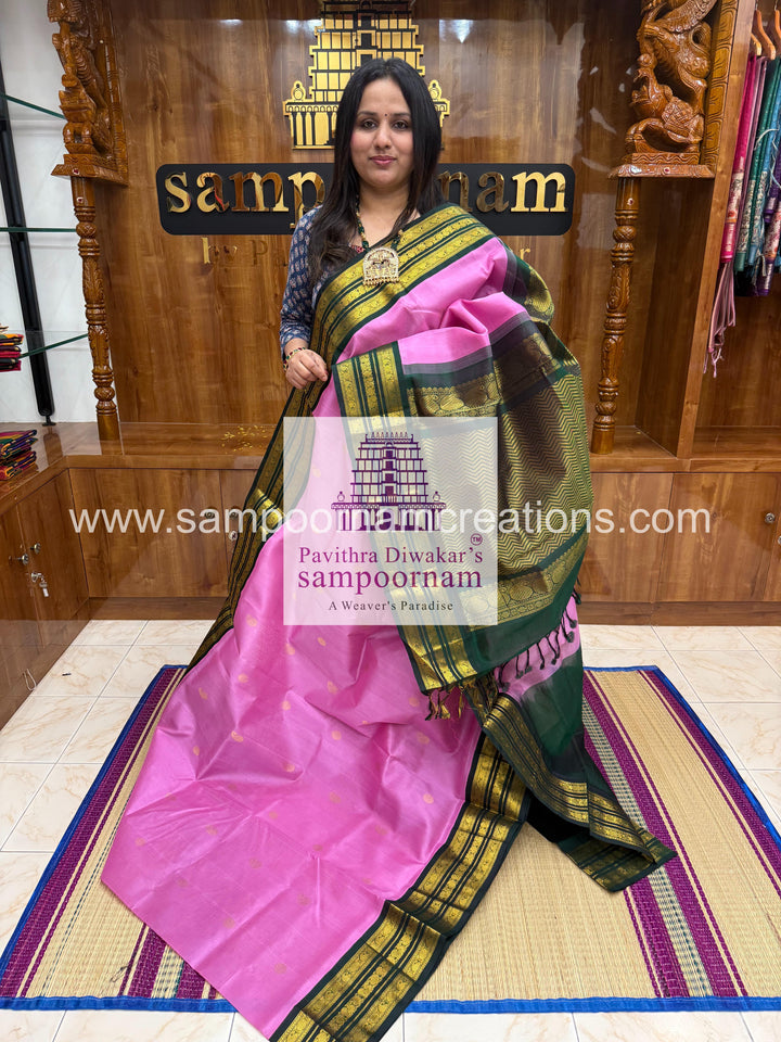 Pink with Green , Zari butta in the body , Kanchi traditional borders and rich  Pallu Korvai Silk Cotton Saree