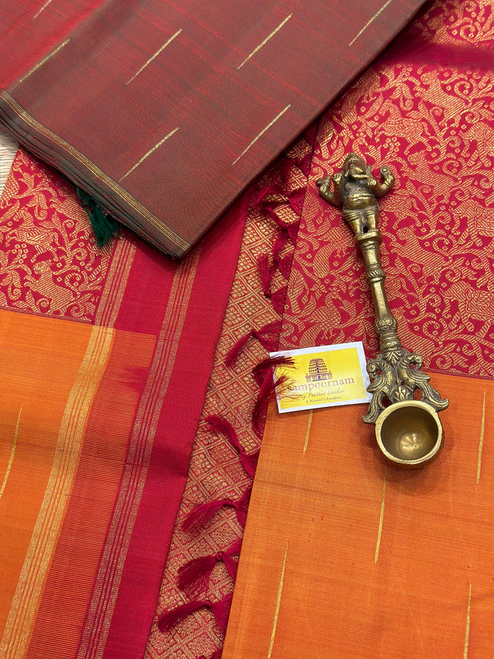 Mubbagam Vanasingaram Red, Manthulir and Manjal  Pure Silk And Pure Zari Handwoven Pure Silk Saree