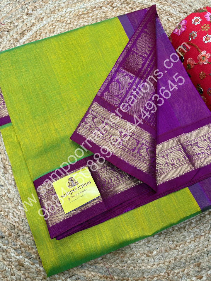 Parrot Green  with Magenta, small  Kanchi Border, Rich Pallu, Pure Korvai Silk Cotton Saree