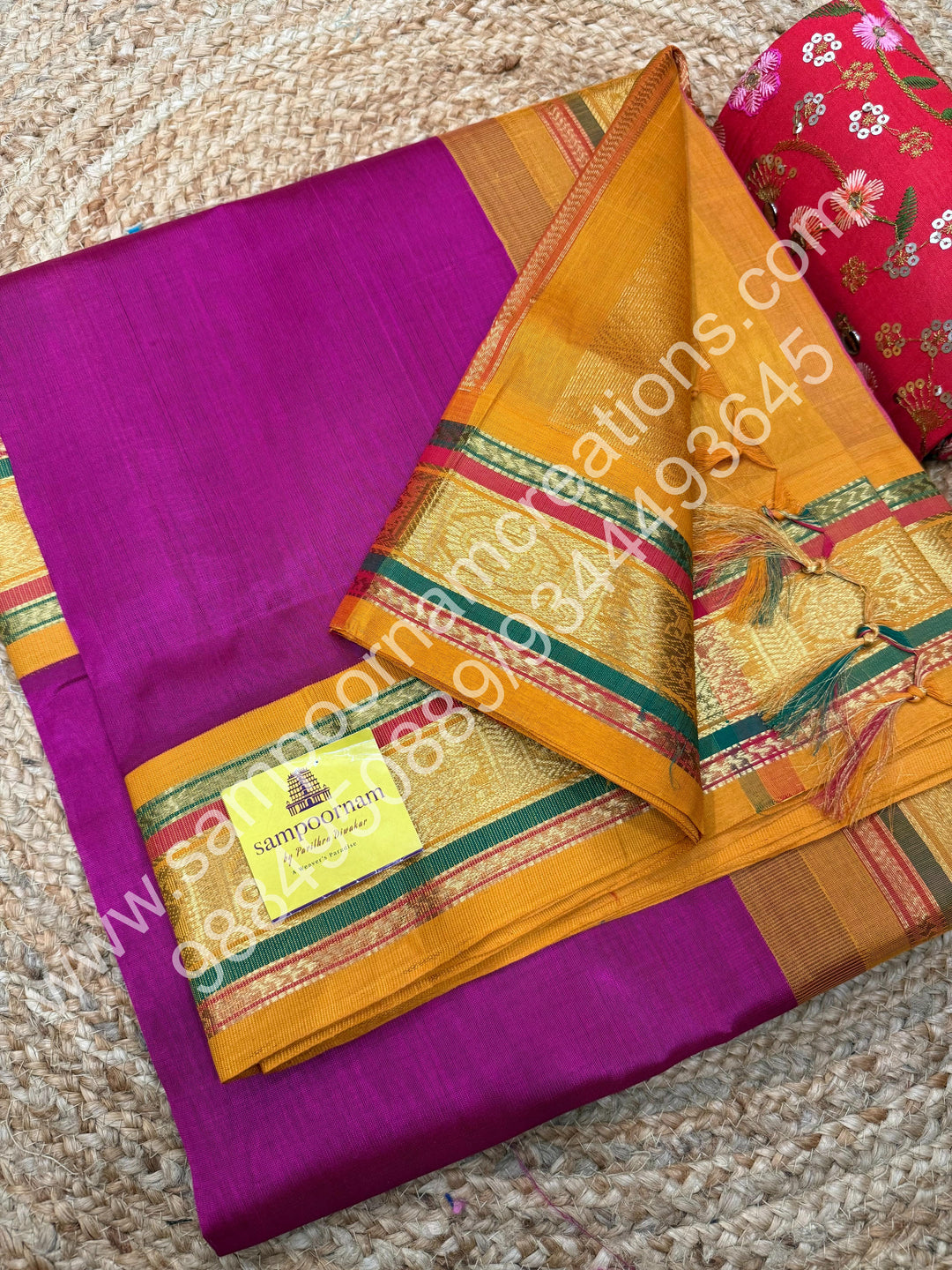 Dark Pink with Mustard, Traditional Kanchi Border, Rich Pallu, Pure Korvai Silk Cotton Saree