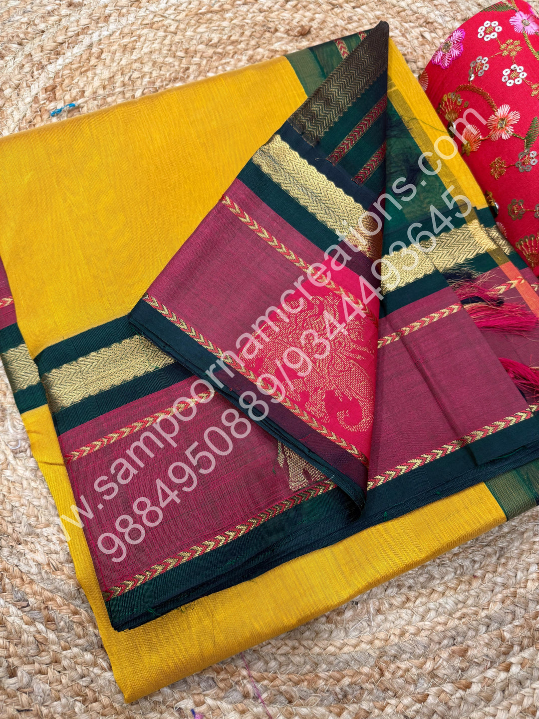 Vendhaya Colour or Dark Gold with Green,, Traditional Kanchi Border with Elephant Detailing, Rich elephant Procession Design  Pallu, Pure Korvai Silk Cotton Saree