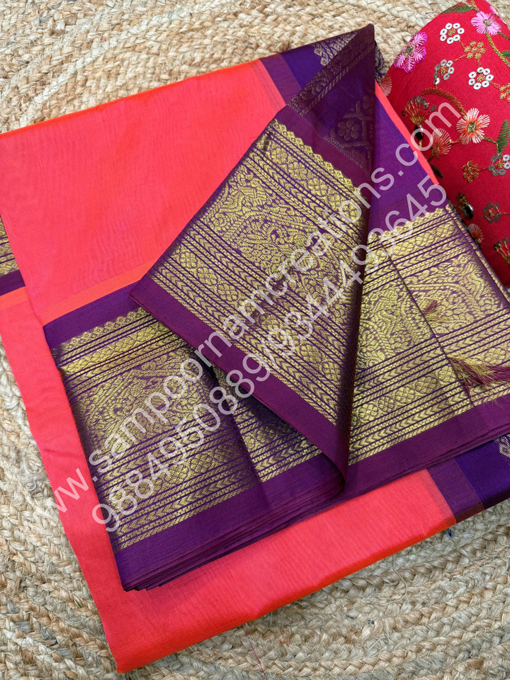 Dark Kanakambaram with Magenta, one side big Kanchi Border, Rich Pallu, Pure Korvai Silk Cotton Saree