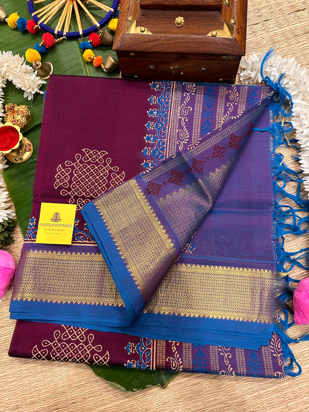 Plum Colour with Blue Kolam Handblock Printed Silk Cotton Saree