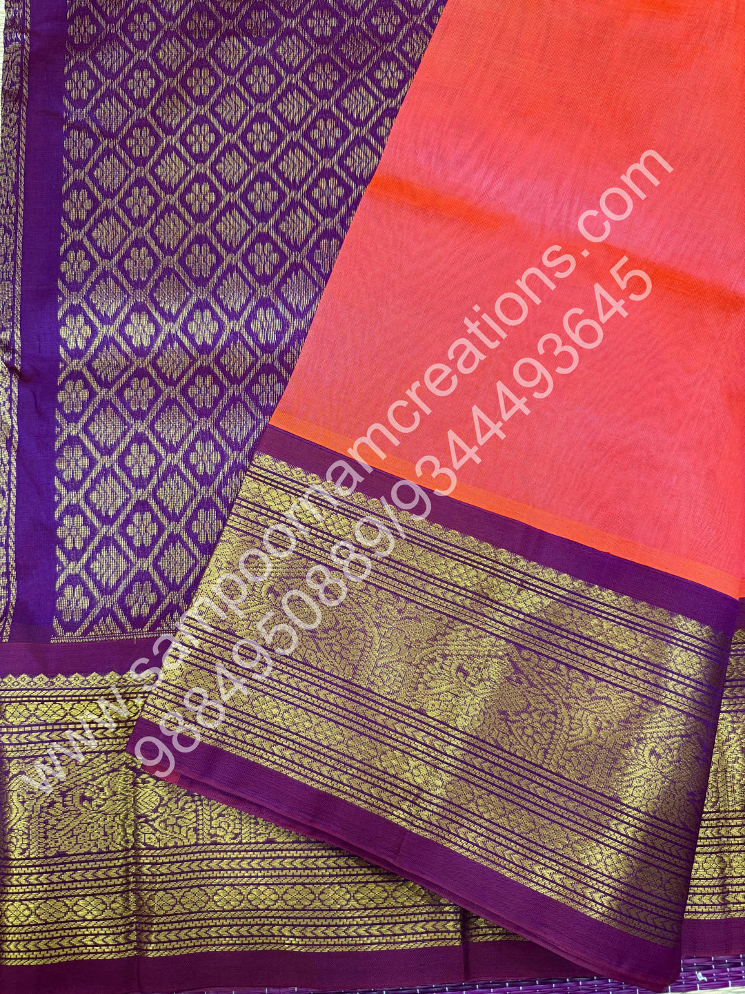 Dark Kanakambaram with Magenta, one side big Kanchi Border, Rich Pallu, Pure Korvai Silk Cotton Saree