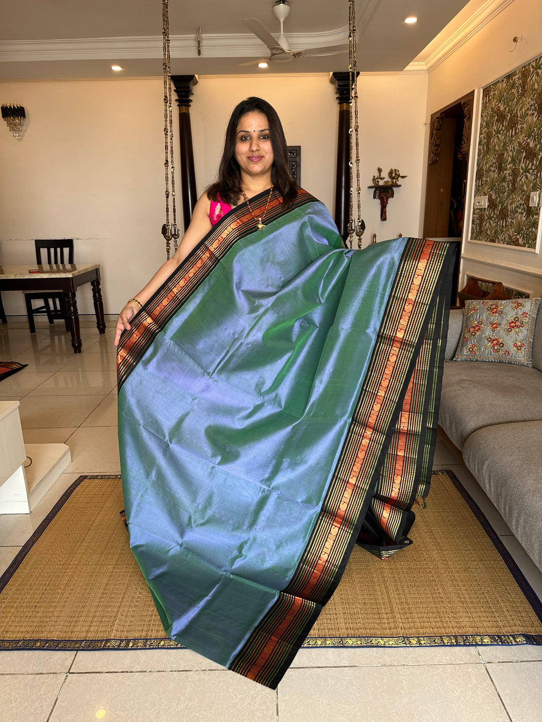 Mayil Kazhuthu Blue with Black Rich Border and Grand Kanchi Pallu Korvai SIlk Cotton Saree