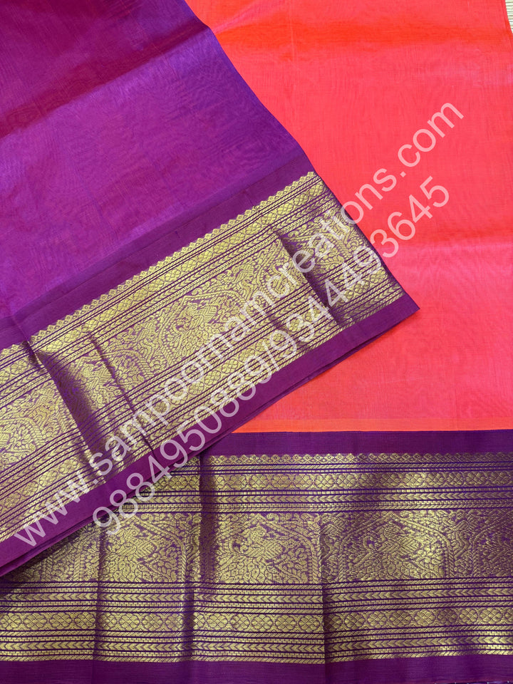 Dark Kanakambaram with Magenta, one side big Kanchi Border, Rich Pallu, Pure Korvai Silk Cotton Saree