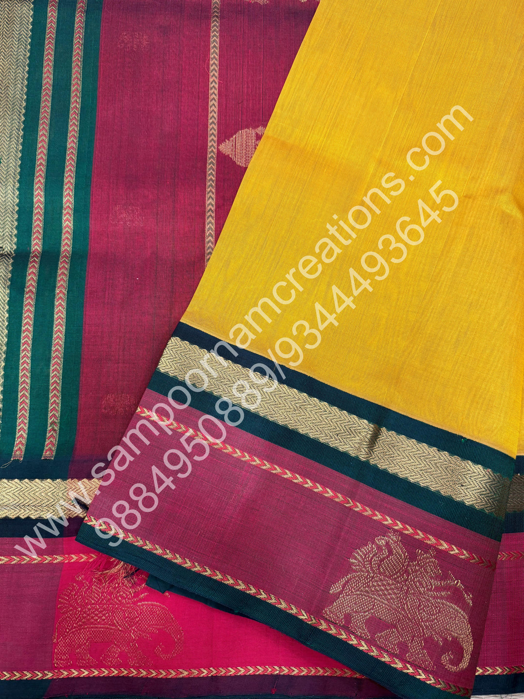 Vendhaya Colour or Dark Gold with Green,, Traditional Kanchi Border with Elephant Detailing, Rich elephant Procession Design  Pallu, Pure Korvai Silk Cotton Saree