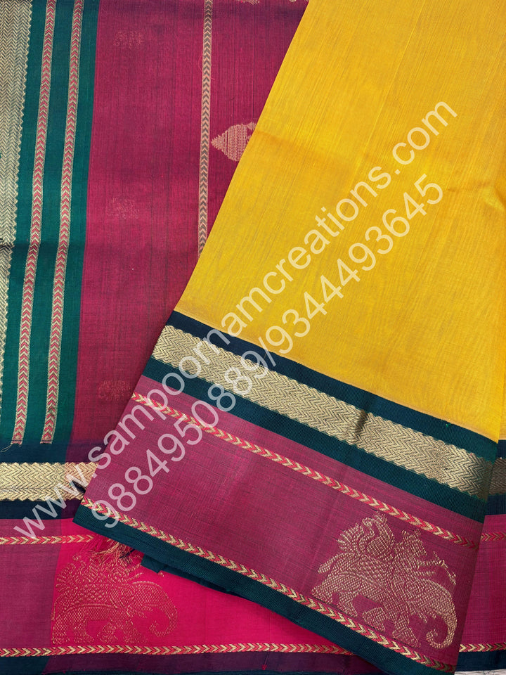 Vendhaya Colour or Dark Gold with Green,, Traditional Kanchi Border with Elephant Detailing, Rich elephant Procession Design  Pallu, Pure Korvai Silk Cotton Saree