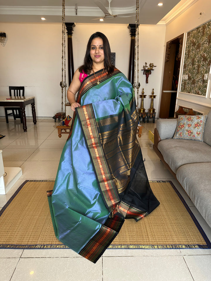 Mayil Kazhuthu Blue with Black Rich Border and Grand Kanchi Pallu Korvai SIlk Cotton Saree