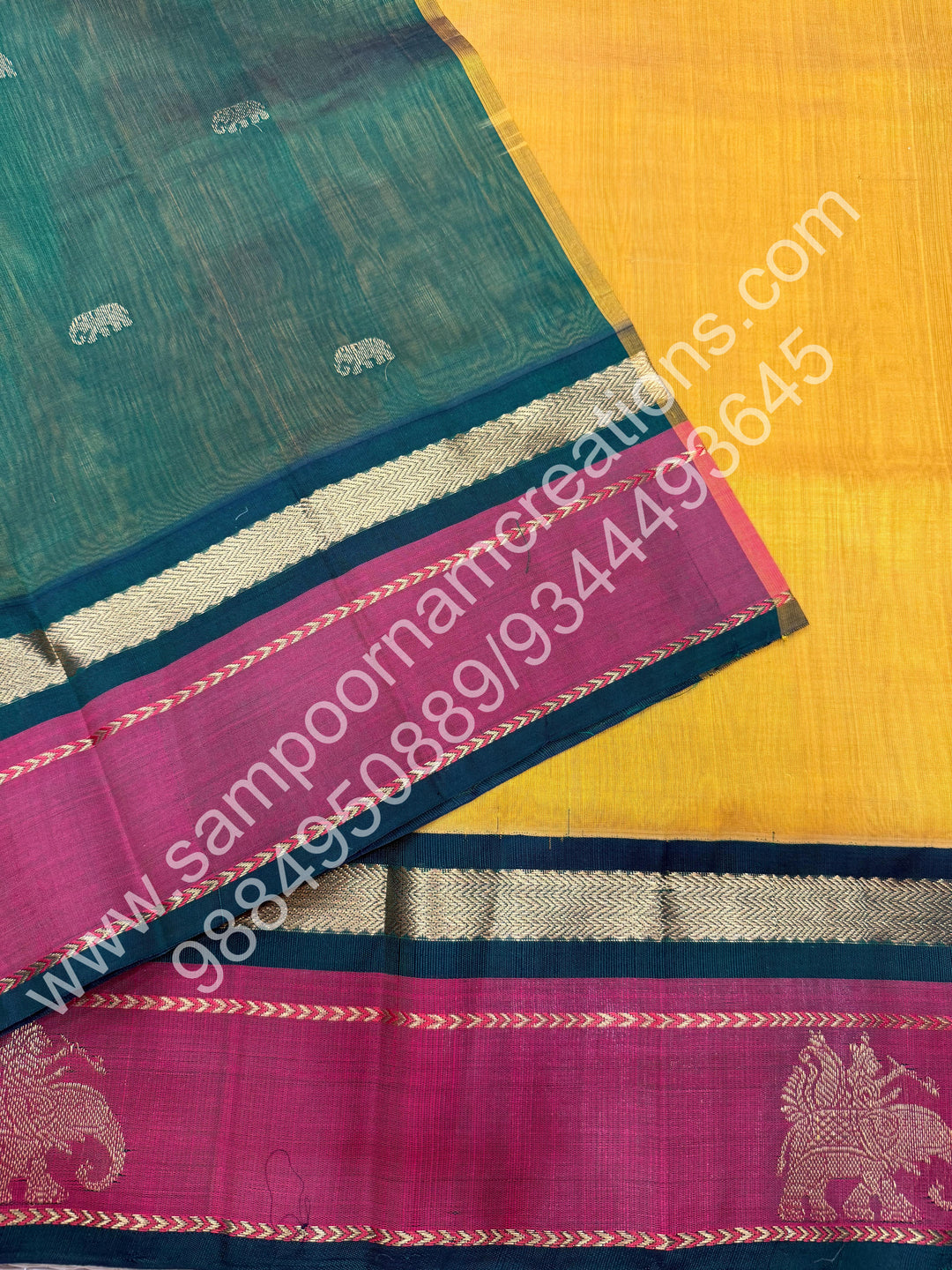 Vendhaya Colour or Dark Gold with Green,, Traditional Kanchi Border with Elephant Detailing, Rich elephant Procession Design  Pallu, Pure Korvai Silk Cotton Saree