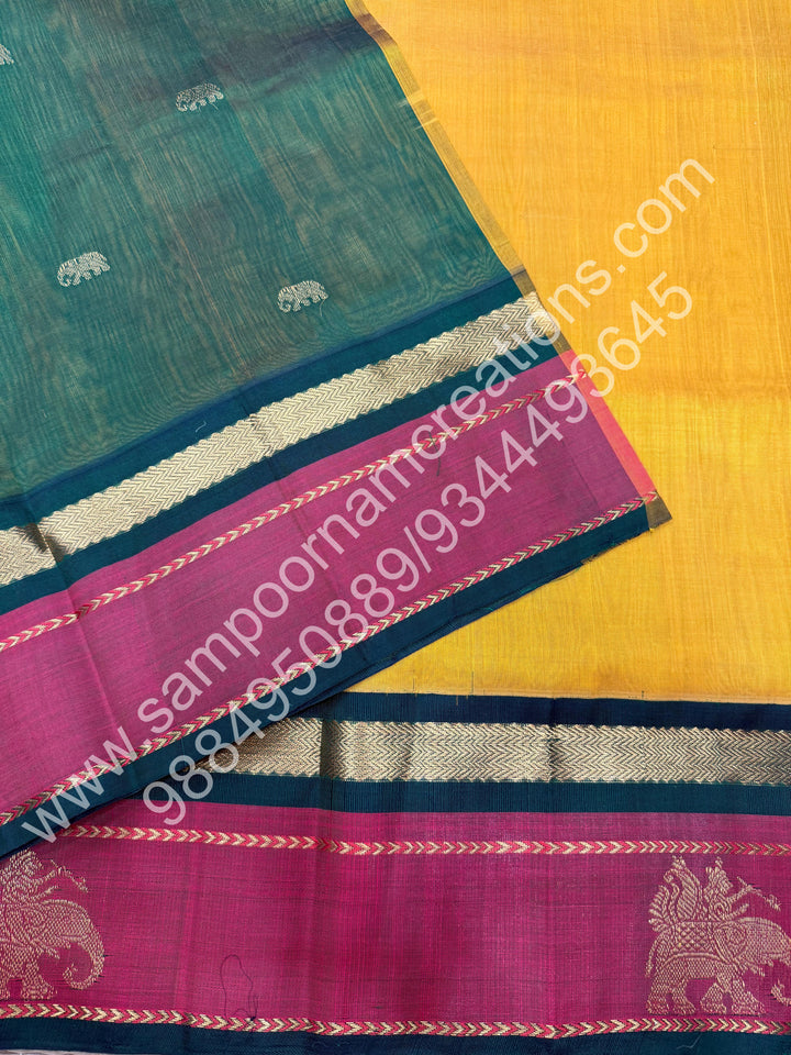 Vendhaya Colour or Dark Gold with Green,, Traditional Kanchi Border with Elephant Detailing, Rich elephant Procession Design  Pallu, Pure Korvai Silk Cotton Saree