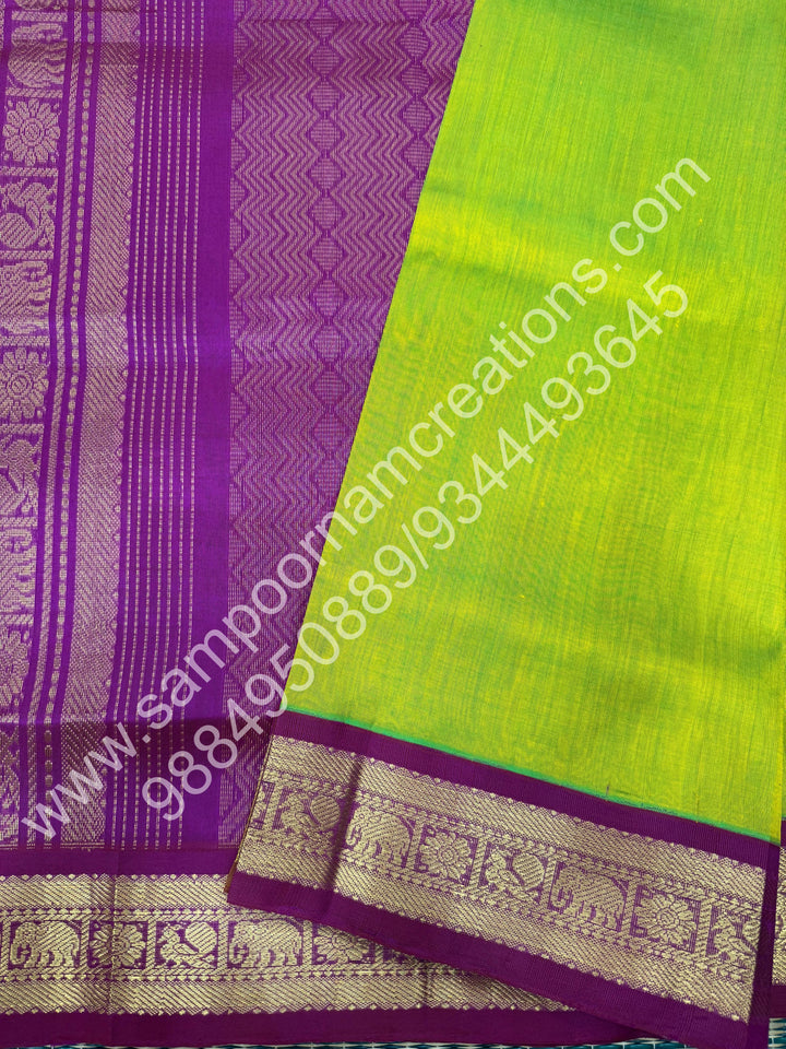 Parrot Green  with Magenta, small  Kanchi Border, Rich Pallu, Pure Korvai Silk Cotton Saree