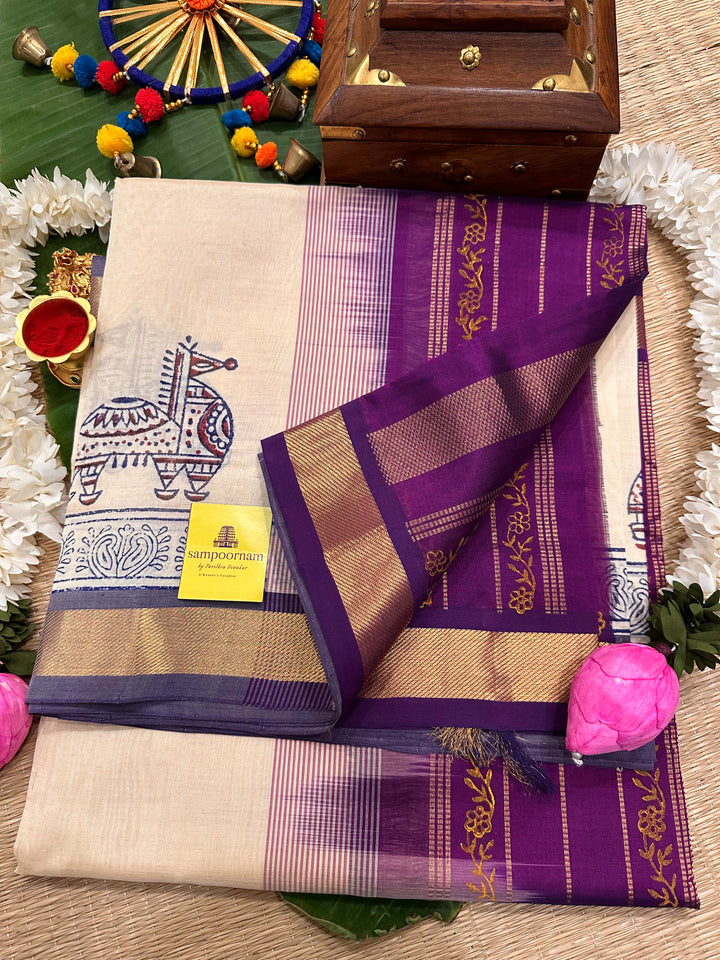 Offwhite with Purple Handblock Printed Silk Cotton Saree