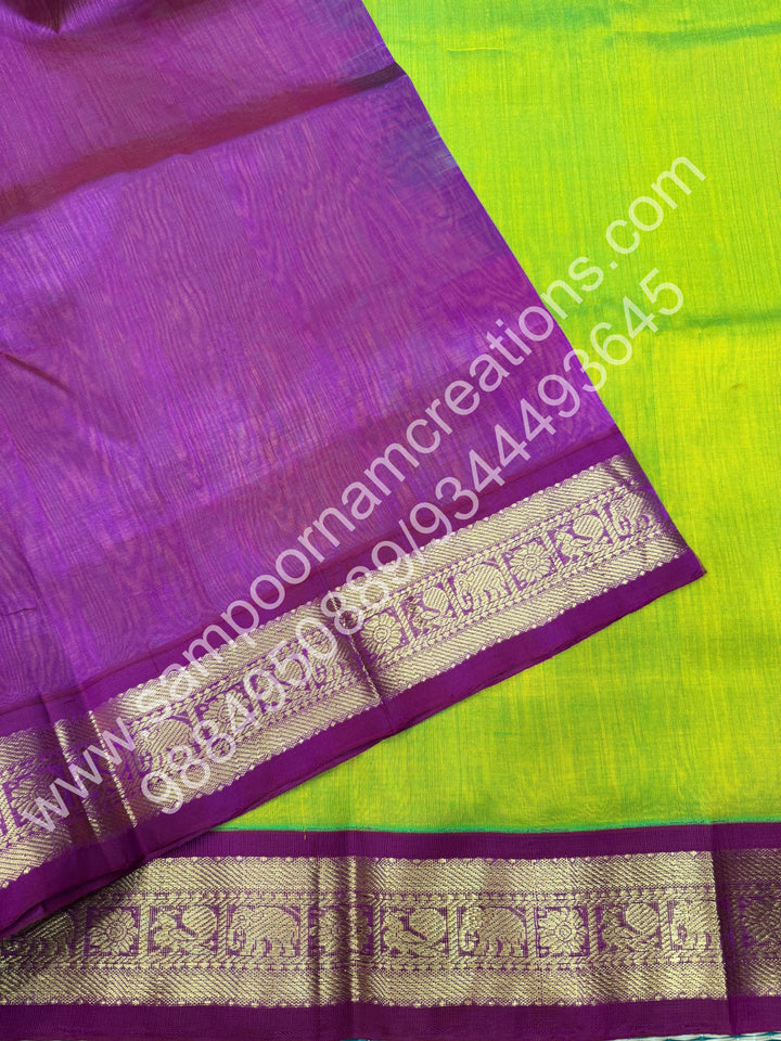 Parrot Green  with Magenta, small  Kanchi Border, Rich Pallu, Pure Korvai Silk Cotton Saree